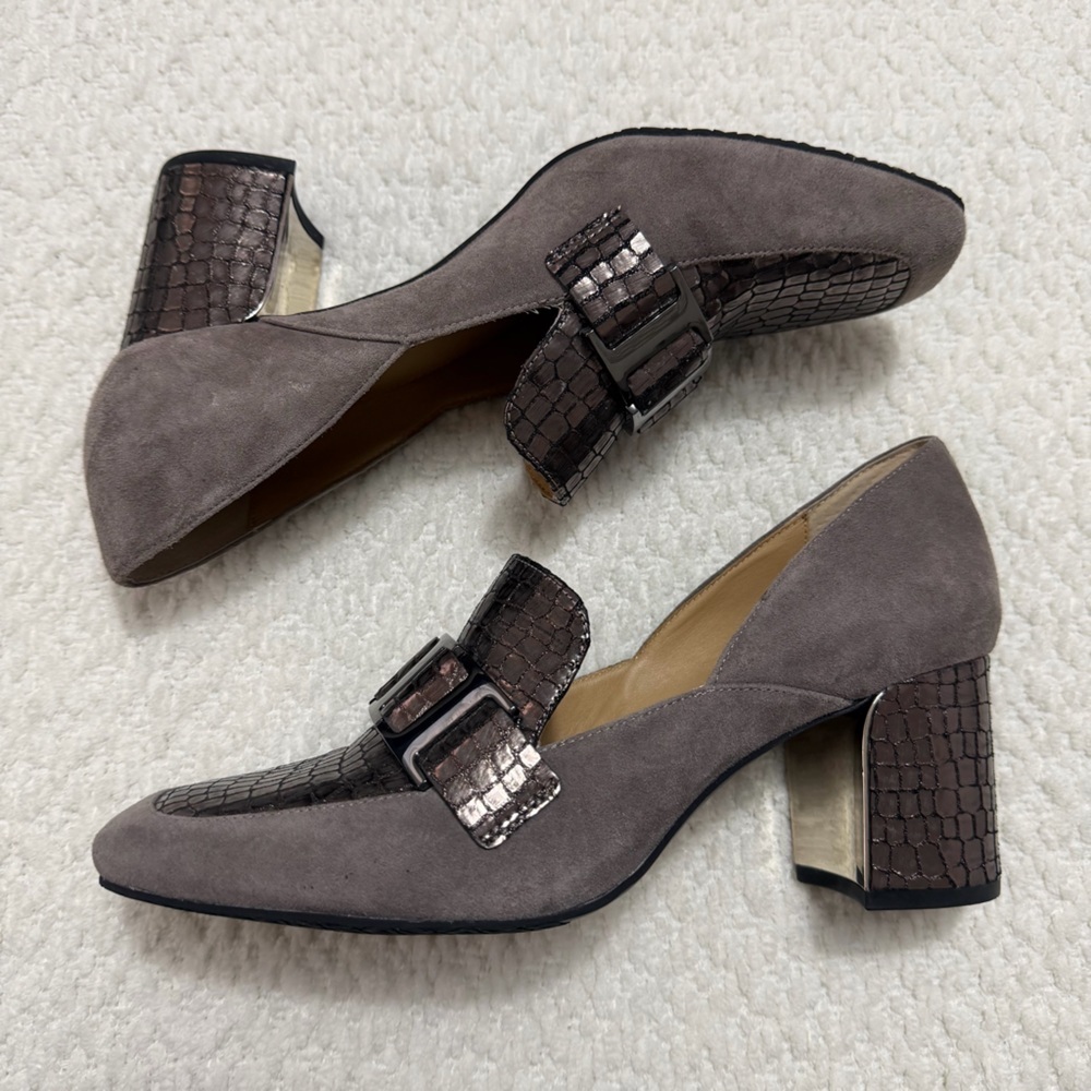 Donald Pliner Caresse Loafer Pump Block Heels Metallic Grey Women’s Size 9.5 - Picture 2 of 8